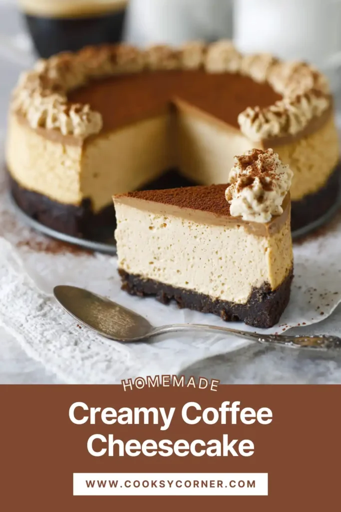 Creamy Coffee Cheesecake with chocolate ganache and whipped cream topping.