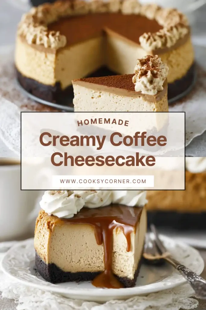 Mocha cheesecake topped with ganache and piped coffee whipped cream.