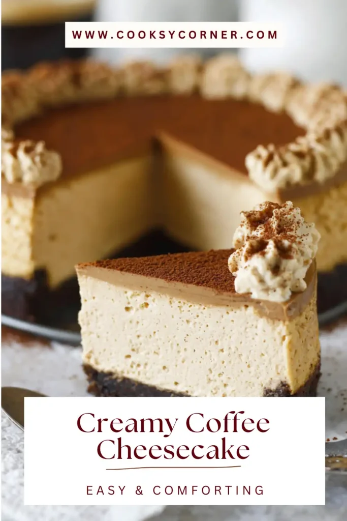 Coffee cheesecake slice showing smooth mocha filling and Oreo crust.