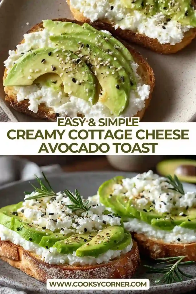 Creamy cottage cheese avocado toast served on toasted sourdough bread with lemon and seasoning. A high-protein breakfast that looks fresh and satisfying.