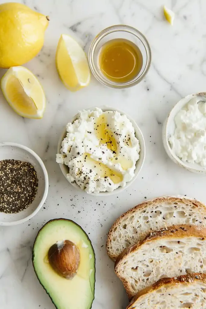 Avocado toast with cottage cheese layered thickly on crispy bread. Simple ingredients create a creamy, nourishing meal.