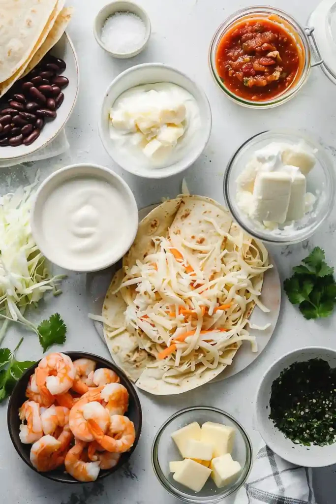 Creamy shrimp and crab enchiladas served with cabbage.