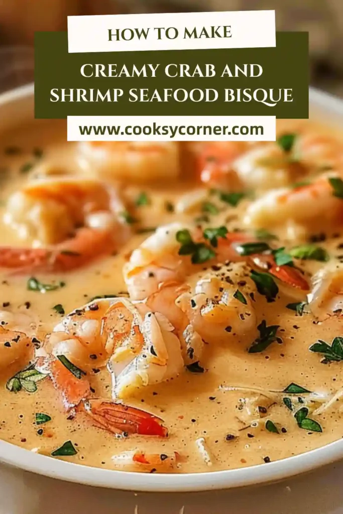 Close-up of creamy seafood bisque made with shrimp and crab. Thick, smooth, and perfectly seasoned.
