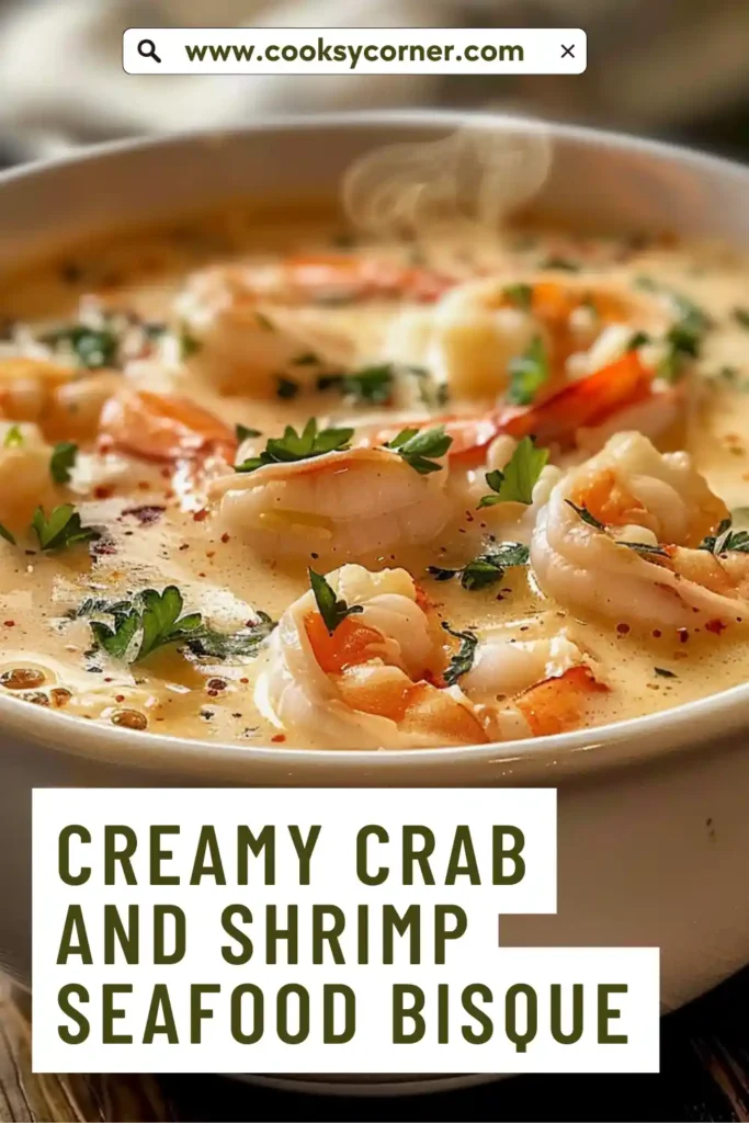 Bowl of creamy crab and shrimp bisque with visible seafood pieces. A comforting homemade seafood bisque recipe.