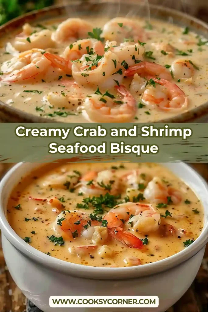 Creamy crab and shrimp seafood bisque served hot with parsley garnish. This rich seafood soup has a smooth, velvety texture and deep flavor.