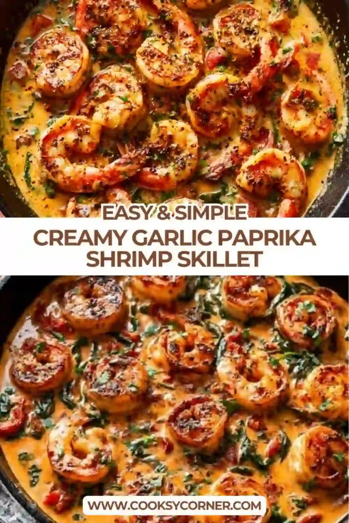Creamy Garlic-Paprika Shrimp Skillet served in a pan with spinach and rich paprika cream sauce. The shrimp are golden, juicy, and coated in a silky garlic sauce.