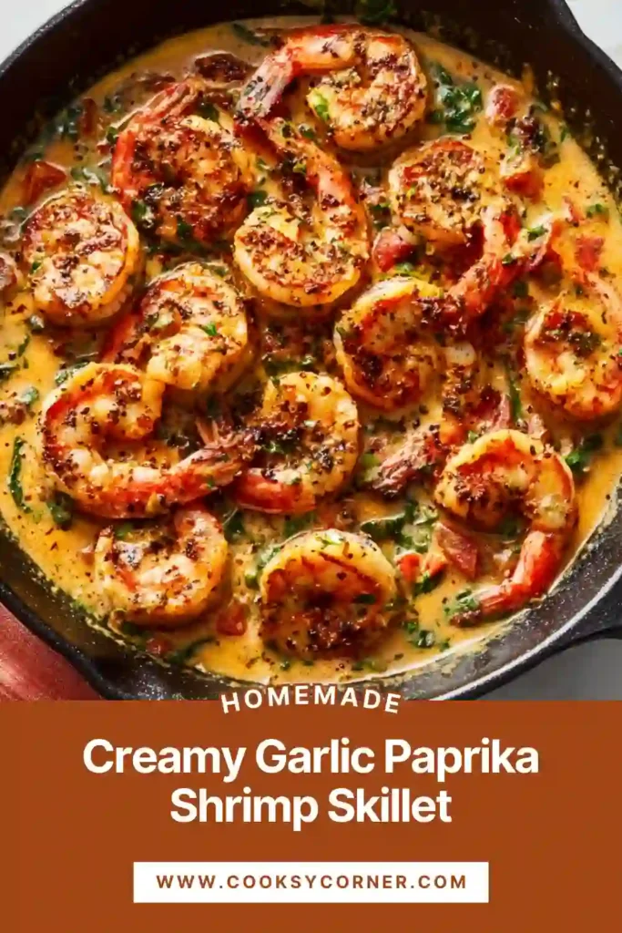 Close-up of Creamy Garlic-Paprika Shrimp Skillet with tender shrimp, creamy sauce, and fresh parsley. A comforting one-pan shrimp dinner.