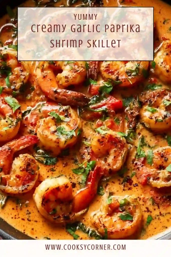 Creamy Garlic-Paprika Shrimp Skillet served over rice with smoky paprika sauce and wilted spinach. Warm, cozy, and flavorful.