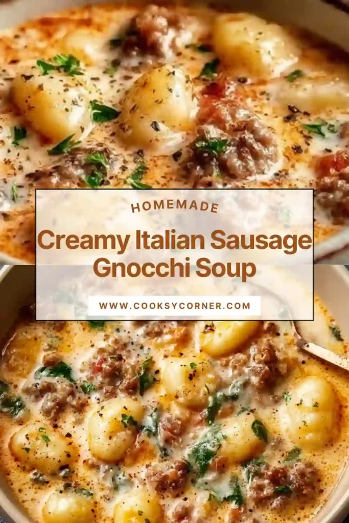 Creamy Italian Sausage Gnocchi Soup served in a bowl with beef sausage, soft gnocchi, and a rich tomato cream broth. A comforting homemade soup perfect for dinner.