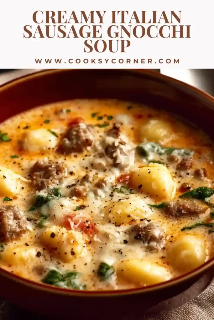A warm bowl of Creamy Italian Sausage Gnocchi Soup garnished with basil. Rich, creamy, and ideal for cozy family meals.