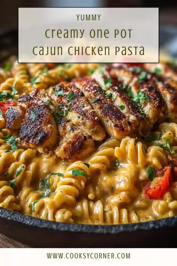 One pot Cajun chicken pasta garnished with parsley and Parmesan. The pasta looks creamy, hearty, and full of flavor.
