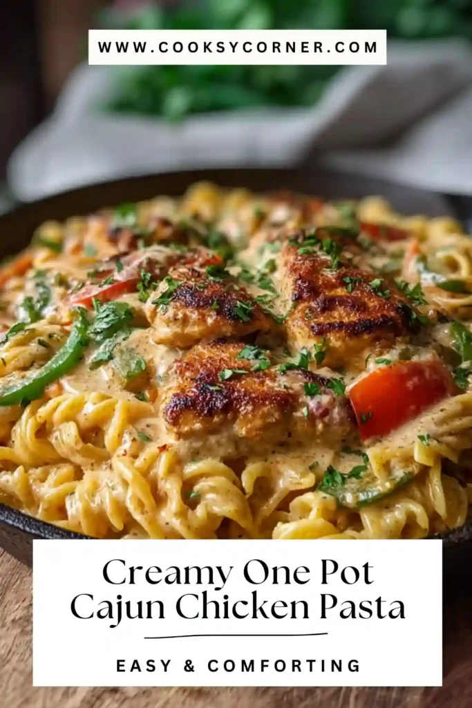Creamy one pot Cajun chicken pasta served in a skillet with bell peppers and Parmesan cheese. The sauce is rich, smooth, and perfectly coats the pasta.