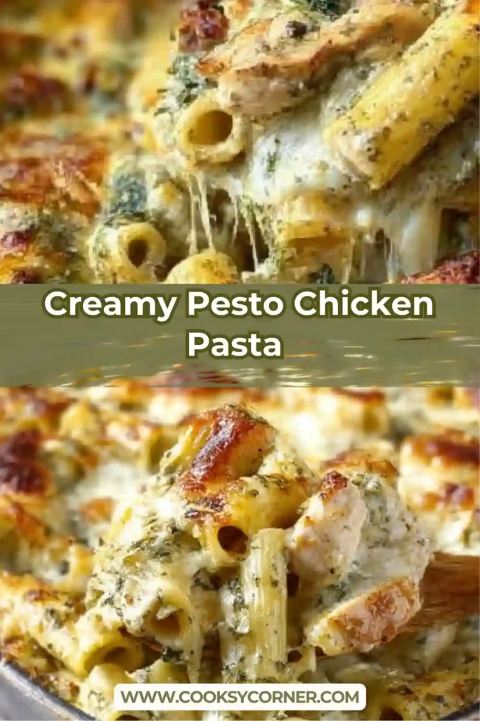 Creamy Pesto Chicken Pasta Bake fresh from the oven with melted cheese and rigatoni coated in pesto sauce.