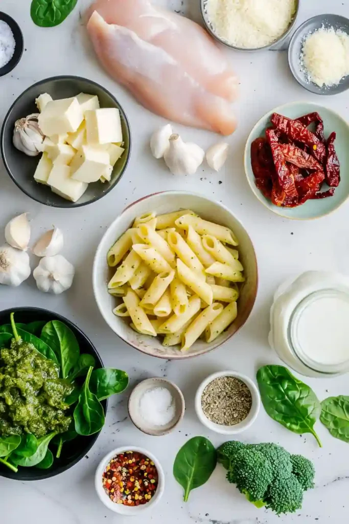 Baked pesto chicken pasta with broccoli, sun-dried tomatoes, and creamy sauce in a skillet.