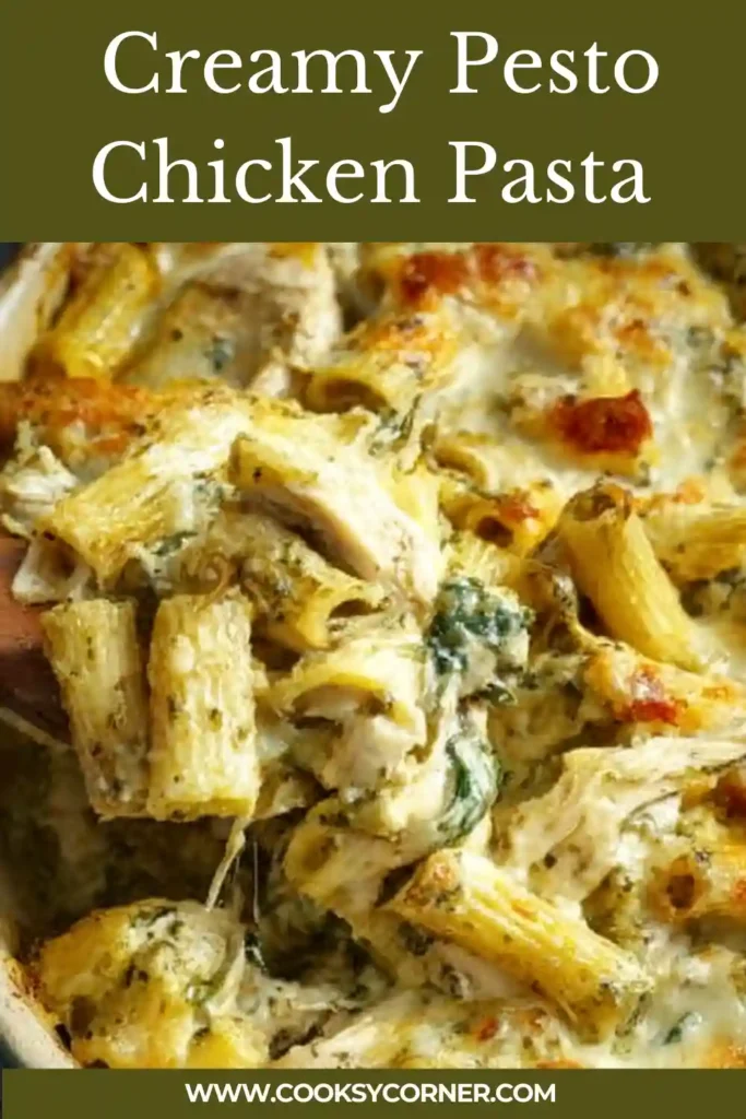 Cheesy creamy pesto chicken pasta bake served hot and bubbly for dinner.
