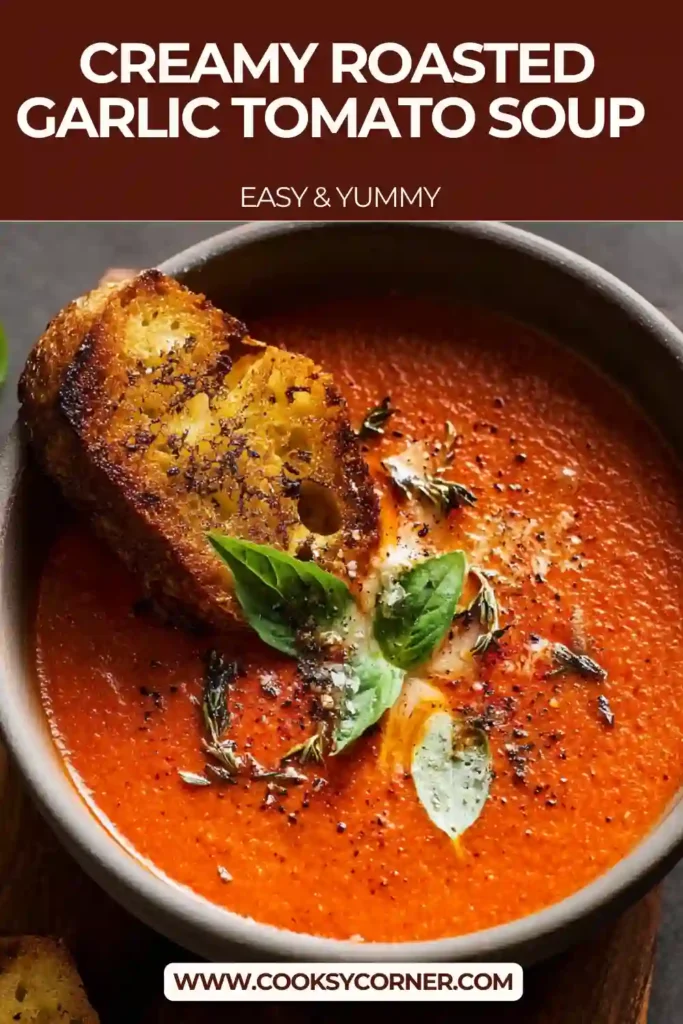 Roasted garlic tomato soup in a bowl, rich and creamy, perfect for cold winter nights.