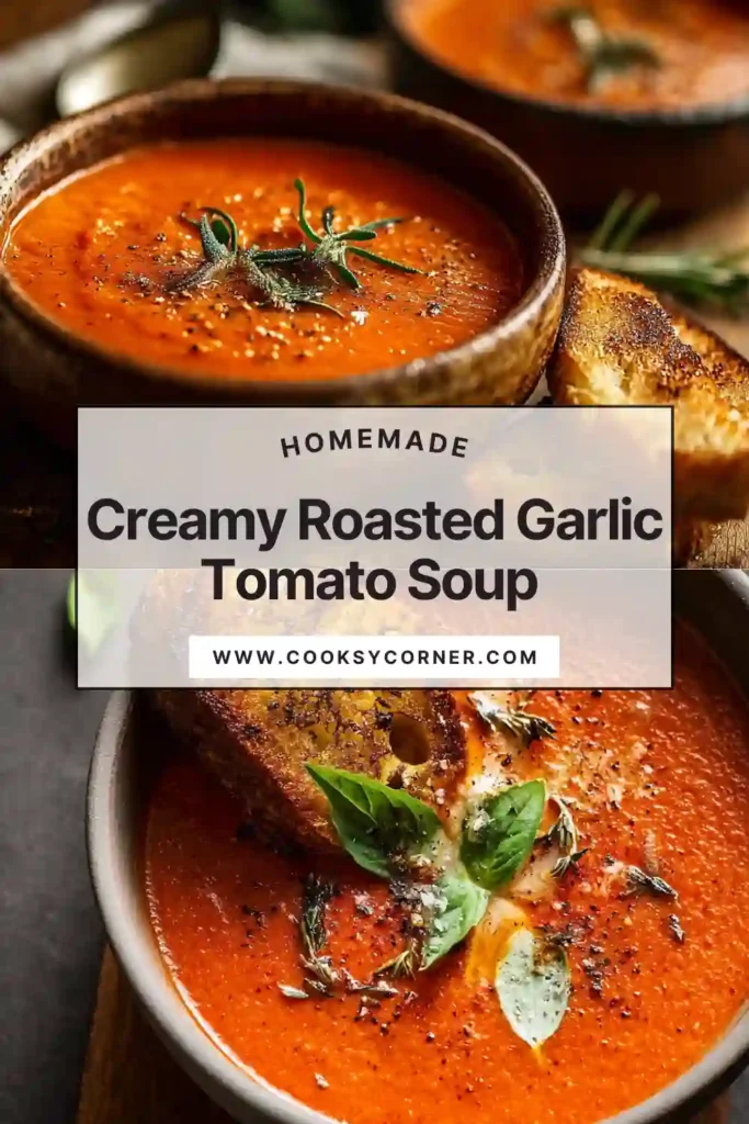 Homemade tomato soup with smooth texture and deep roasted flavor, ideal for cozy soup dinners.