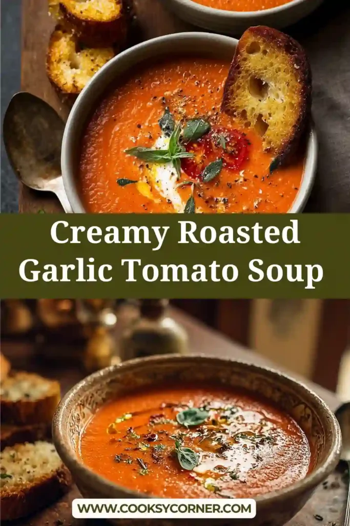 Creamy tomato soup made with roasted garlic and fresh tomatoes served hot, perfect for a winter dinner.