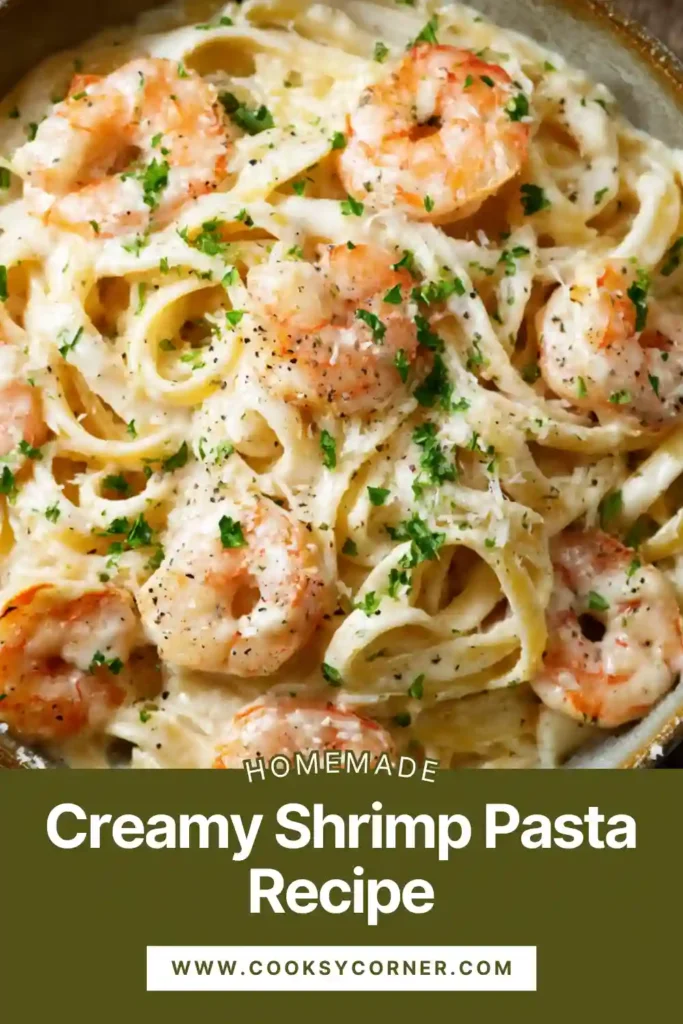 Shrimp fettuccine pasta in a creamy garlic sauce.