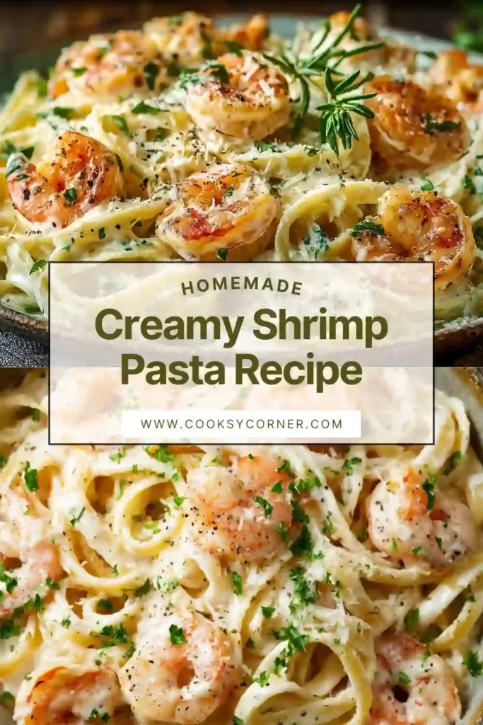 Creamy shrimp pasta with fettuccine and parmesan sauce.