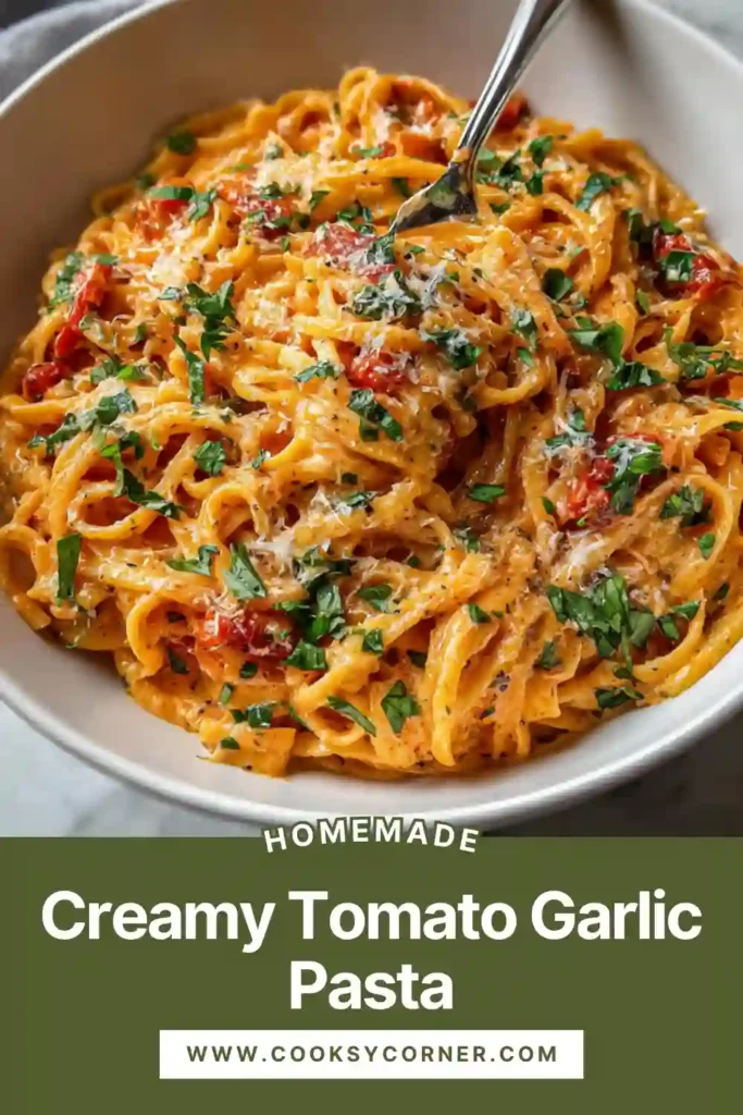 Homemade creamy tomato garlic pasta served warm for comfort food dinner.