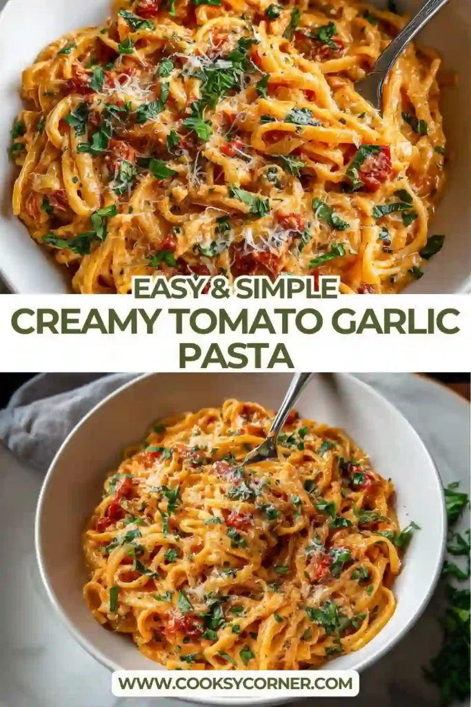 Creamy tomato garlic pasta with fresh basil and smooth cream sauce coating the noodles.