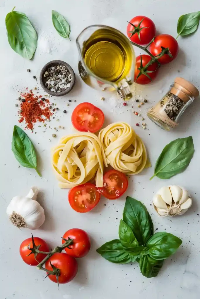 Creamy garlic pasta with tomatoes and fresh basil garnish.