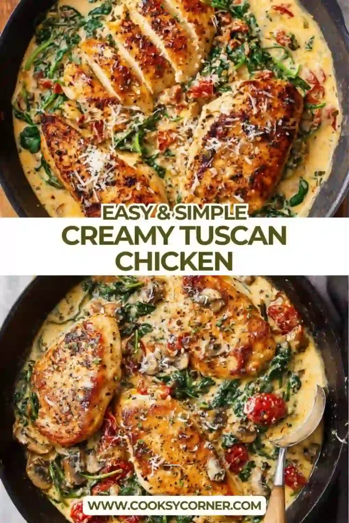 Tuscan chicken breasts simmered in creamy Parmesan sauce.