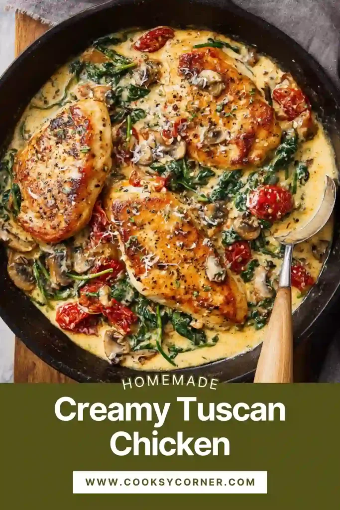 Creamy Tuscan Chicken cooked in a skillet with spinach and cherry tomatoes.