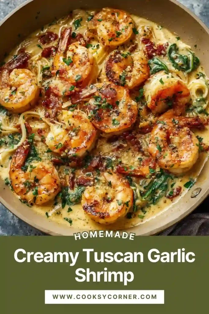 Close-up of Creamy Tuscan Garlic Shrimp served with spinach and sun-dried tomatoes in a creamy Italian-style sauce.