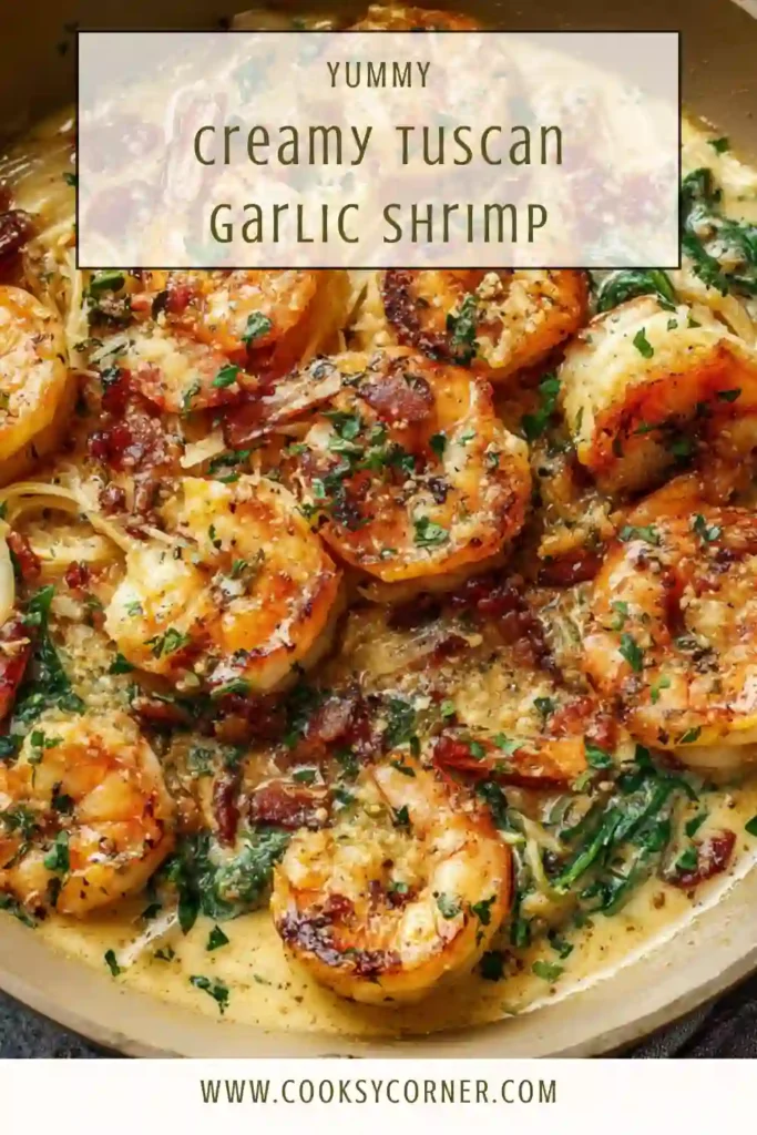 Creamy Tuscan Garlic Shrimp cooked in a parmesan cream sauce with spinach and sun-dried tomatoes in a skillet. The shrimp are tender and coated in a rich garlic sauce.