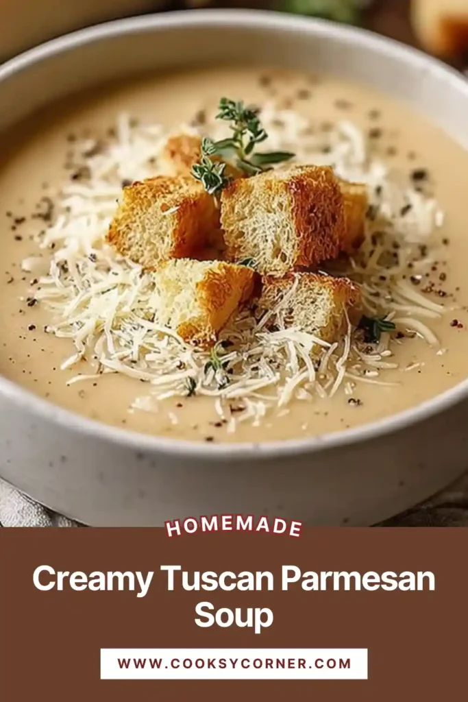 Creamy Tuscan Parmesan Soup with visible sun-dried tomatoes and herbs. The soup looks thick, rich, and comforting.