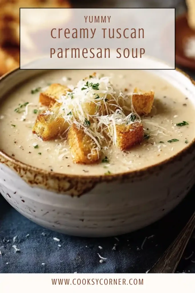 Bowl of Creamy Tuscan Parmesan Soup garnished with parsley and Parmesan cheese. A cozy and flavorful Italian-inspired soup.