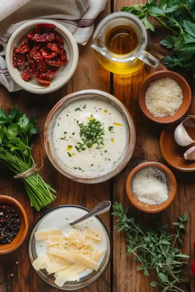 Close-up of Creamy Tuscan Parmesan Soup showing creamy texture and Parmesan cheese blended with herbs.