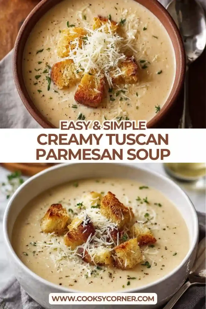 Creamy Tuscan Parmesan Soup served in a bowl with sun-dried tomatoes and fresh herbs. This rich Italian-style soup has a smooth and comforting texture.