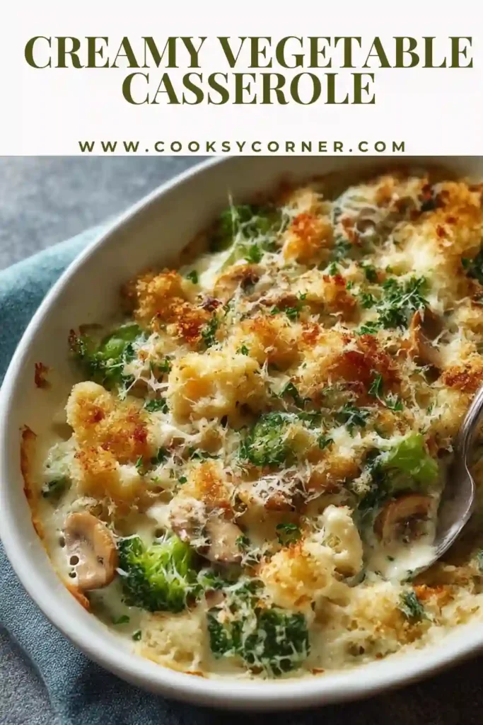 Baked creamy vegetable casserole fresh from the oven with bubbling cheese sauce and crisp topping.