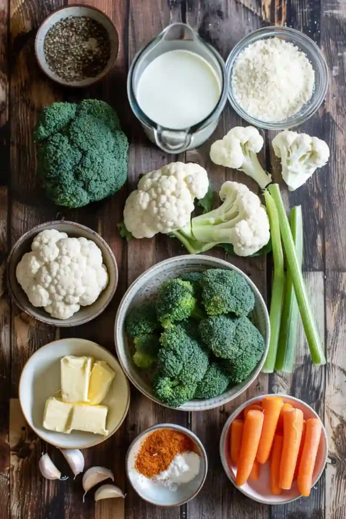 Close-up of creamy broccoli cauliflower casserole with thick cheese sauce and crunchy breadcrumbs.
