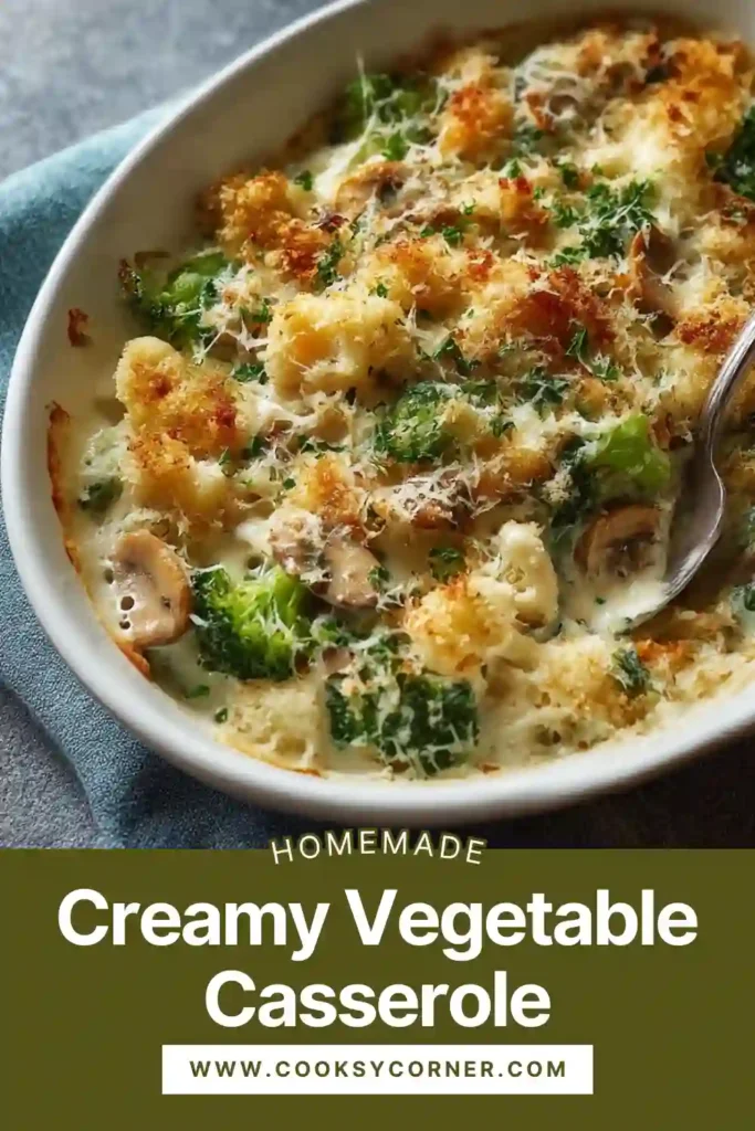 Creamy vegetable casserole baked with broccoli, cauliflower, and carrots in a rich cheese sauce, served warm in a casserole dish.