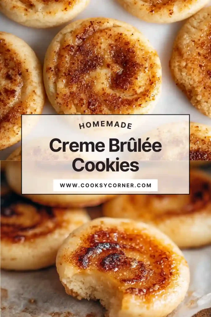 Creme Brûlée Cookies topped with vanilla pastry cream and caramelized sugar. The crackly surface contrasts with soft sugar cookies.