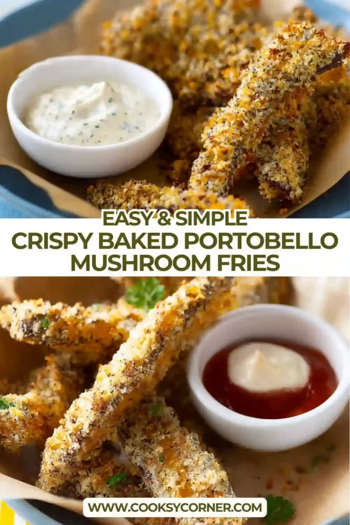 Baked mushroom fries served with dipping sauce.
