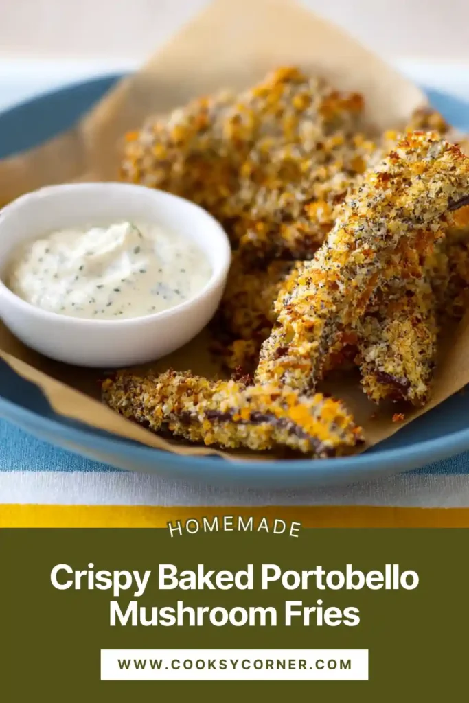Close-up of golden portobello mushroom fries with crunchy coating.