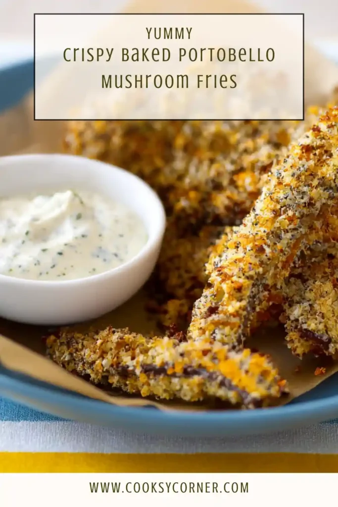 Crispy baked portobello mushroom fries arranged on a baking sheet.