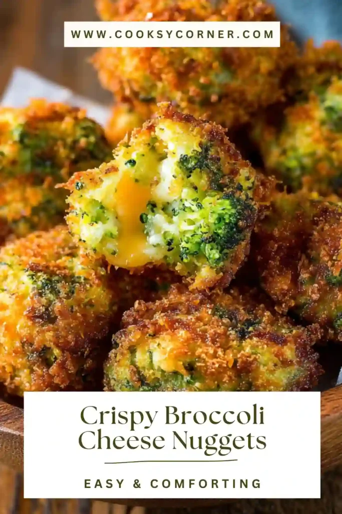 Crispy broccoli cheese nuggets baked until golden brown with a crunchy breadcrumb coating and cheesy interior, served fresh from the oven.