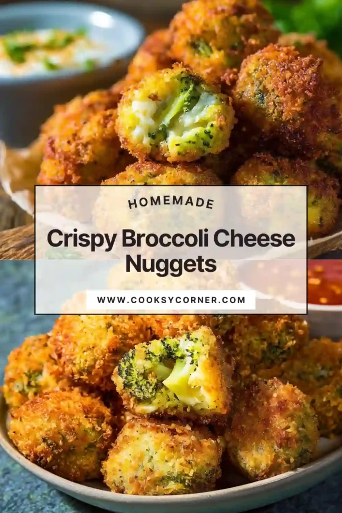 Close-up of irresistible broccoli cheese nuggets showing their crispy texture and melted cheese center.