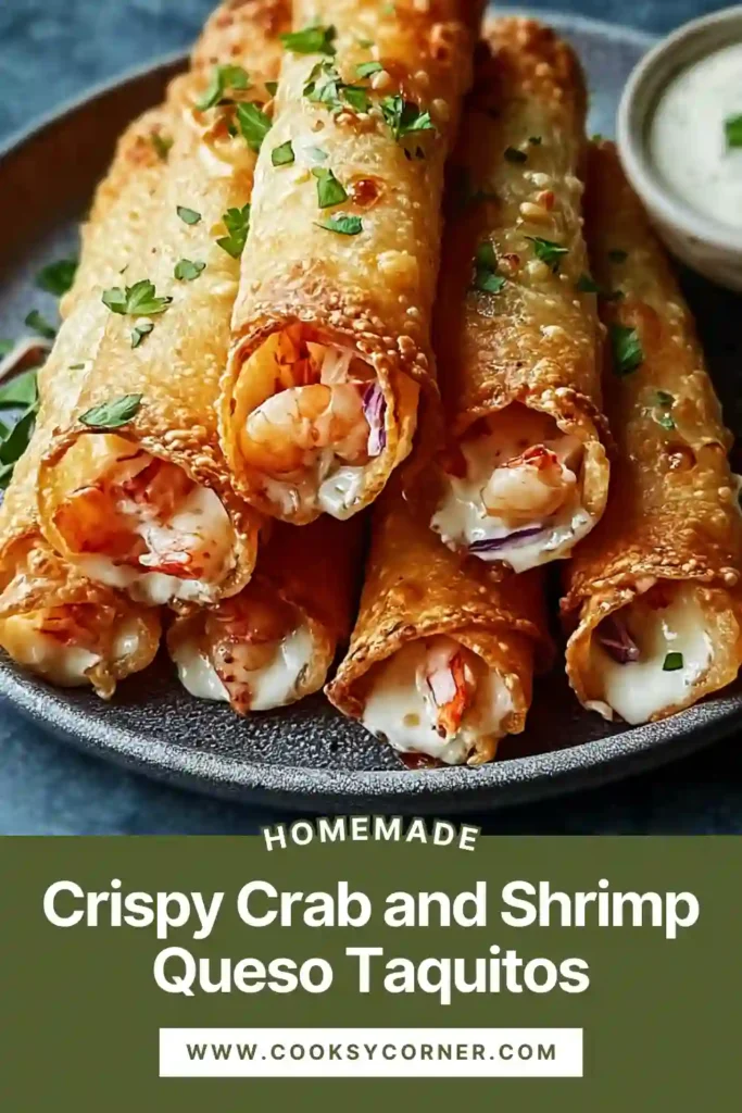Plate of crispy crab and shrimp taquitos drizzled with warm queso dip.