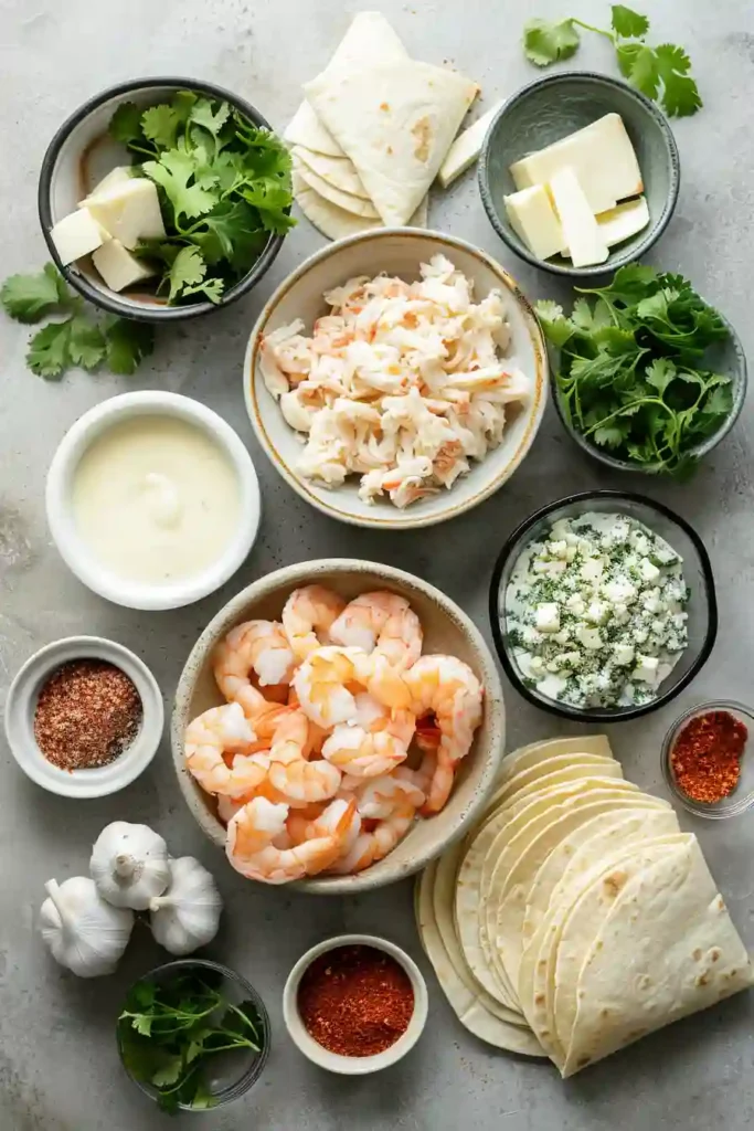 Crunchy crab and shrimp queso taquitos garnished with fresh herbs.