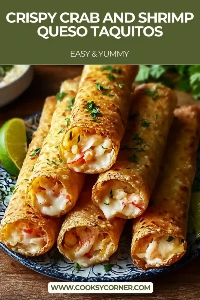 Close-up of seafood taquitos filled with creamy crab and shrimp queso.