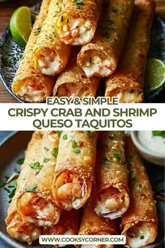 Crispy crab and shrimp queso taquitos served golden brown with melted queso and fresh cilantro.