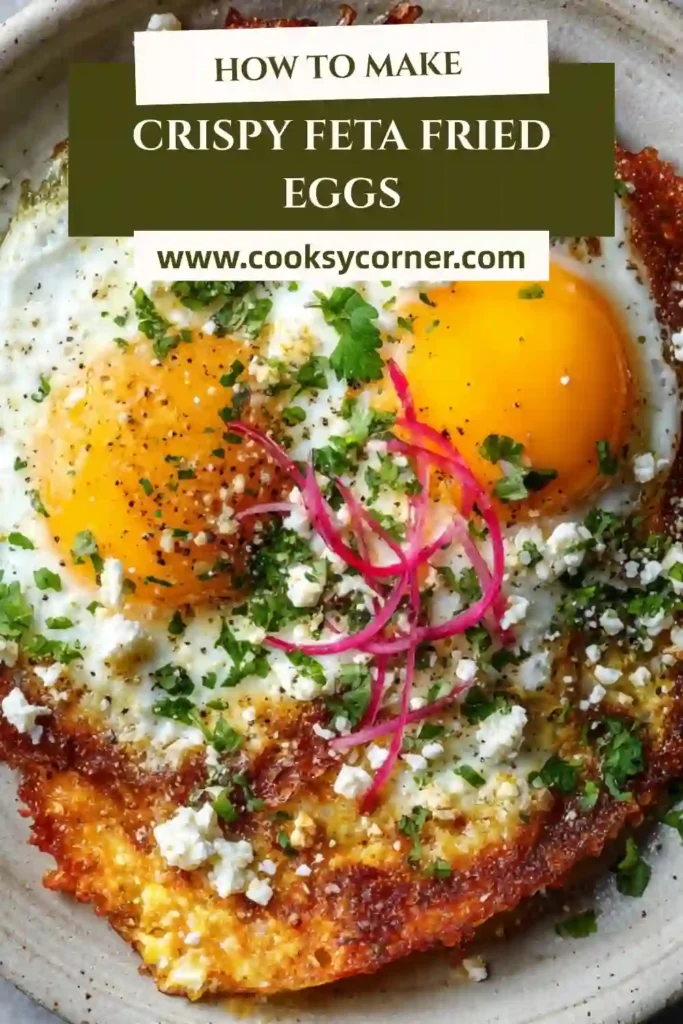 Close-up of crispy feta fried eggs with runny yolk and avocado.