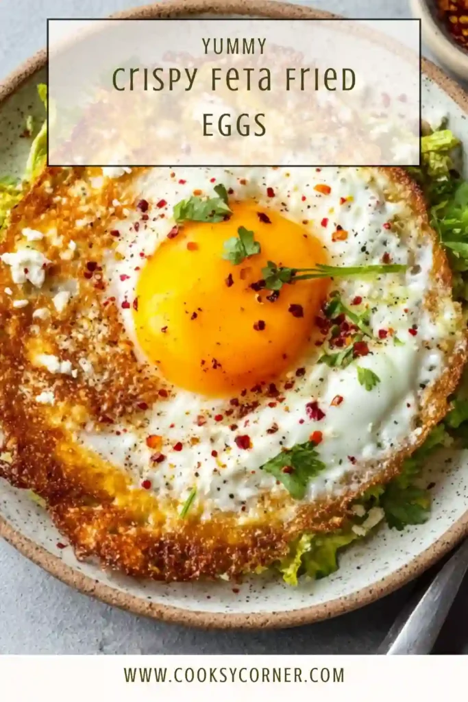 A close-up of crispy feta fried eggs topped with chili oil and oregano. The feta creates a crunchy edge around the egg.
